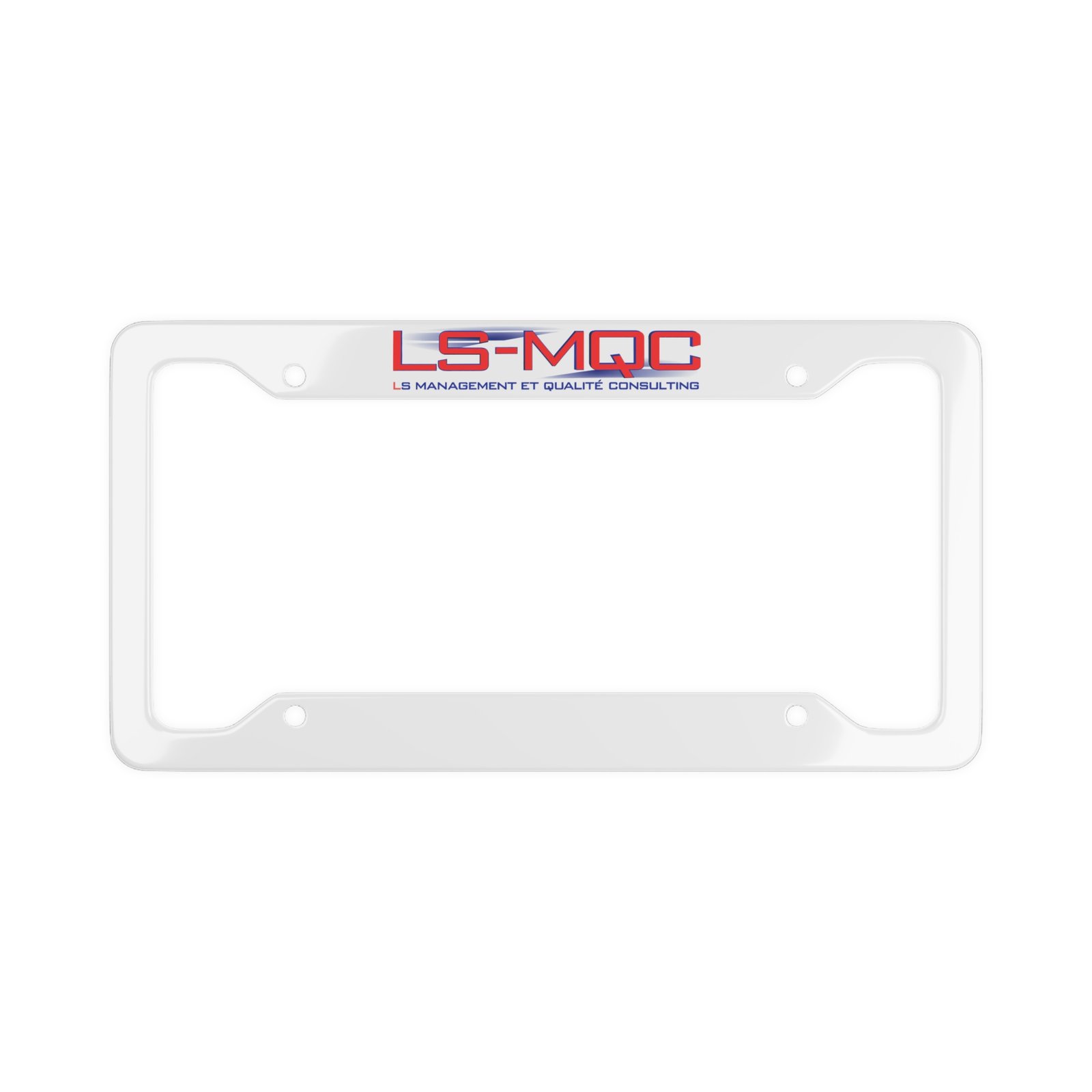 LS-MQC Branded License Plate Frame — White Metal Car Plate Holder