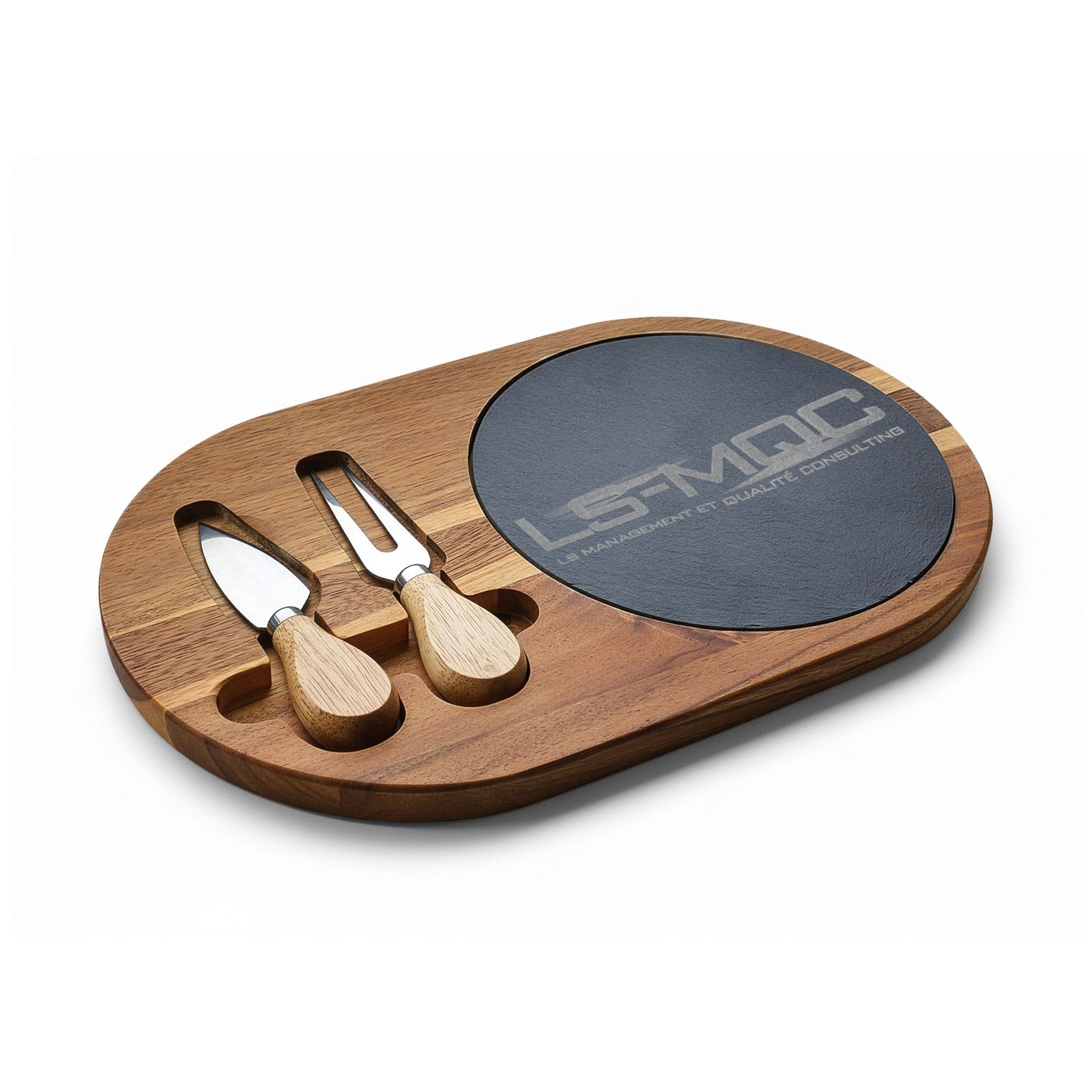 LS-MQC logo Engraved Acacia Charcuterie Board with Slate Cheese Plate & Knife Set - Image 4