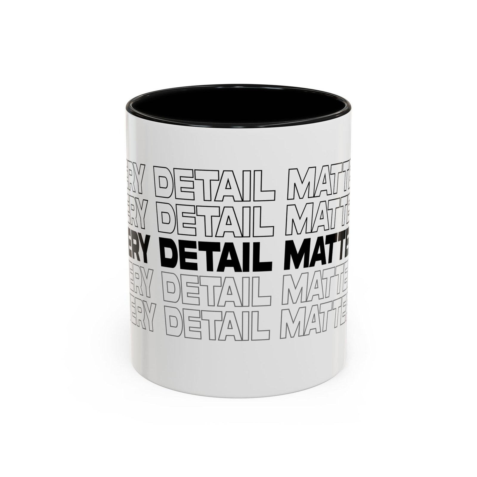 “Detail Matters” Accent Coffee Mug — Bold Typographic Black & White 11/15oz