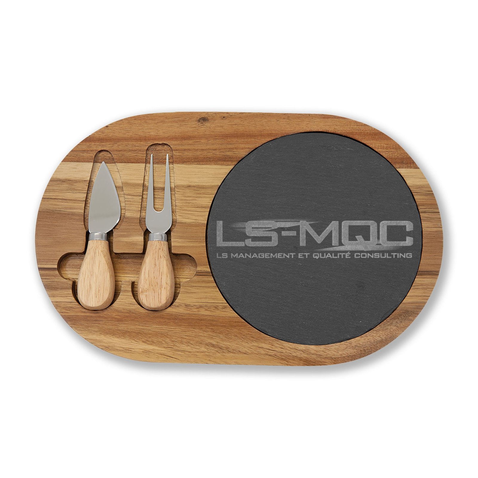 LS-MQC logo Engraved Acacia Charcuterie Board with Slate Cheese Plate & Knife Set - Image 3