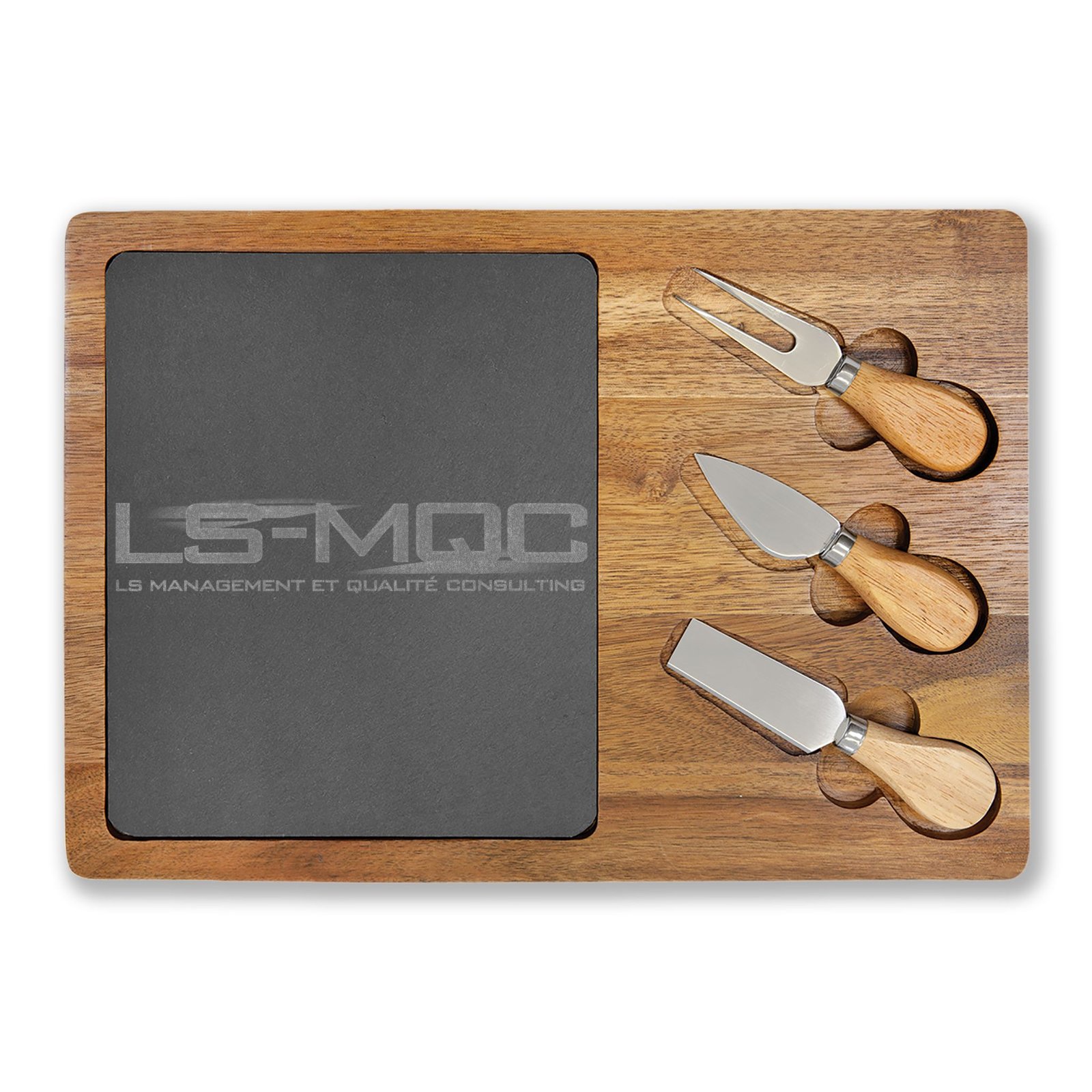 LS-MQC logo Engraved Acacia Charcuterie Board with Slate Cheese Plate & Knife Set